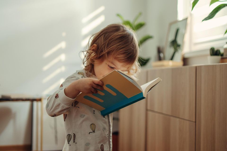 Ein Kleinkind hält ein offenes Buch in der Hand und schaut hinein 1.2937