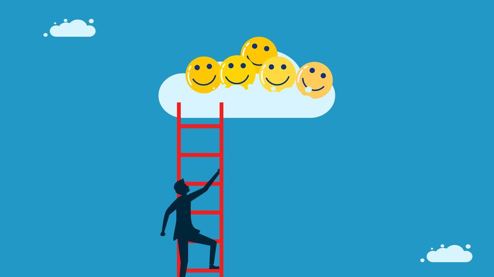 Illustration einer Person auf einer Leiter zu einer Wolke mit Smileys