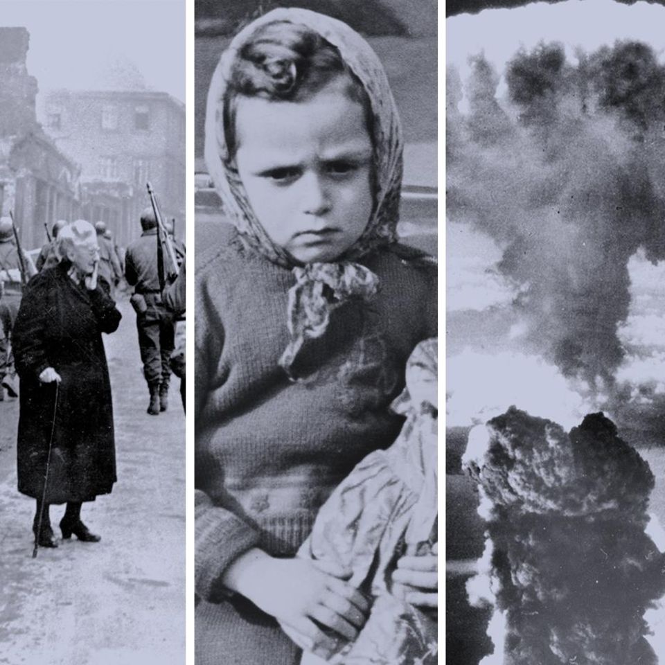Bildcollage von vier s/w Fotos aus dem Krieg 1945 (Soldaten, traurige Kinder, Explosionen, Gerichtsprozess)