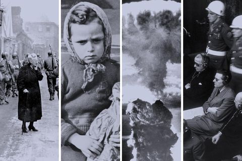 Bildcollage von vier s/w Fotos aus dem Krieg 1945 (Soldaten, traurige Kinder, Explosionen, Gerichtsprozess)