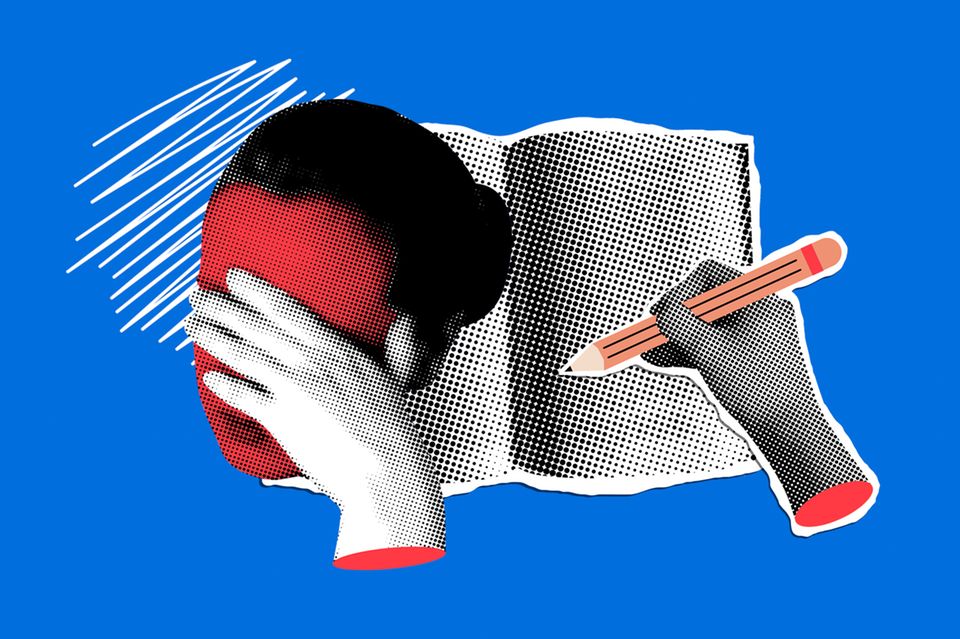 Kopfschmerztagebuch oder Kopfschmerzkalender: Illustration einer Frau mit Migräne und eines Tagebuchs 1.4989