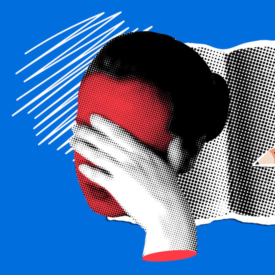 Kopfschmerztagebuch oder Kopfschmerzkalender: Illustration einer Frau mit Migräne und eines Tagebuchs