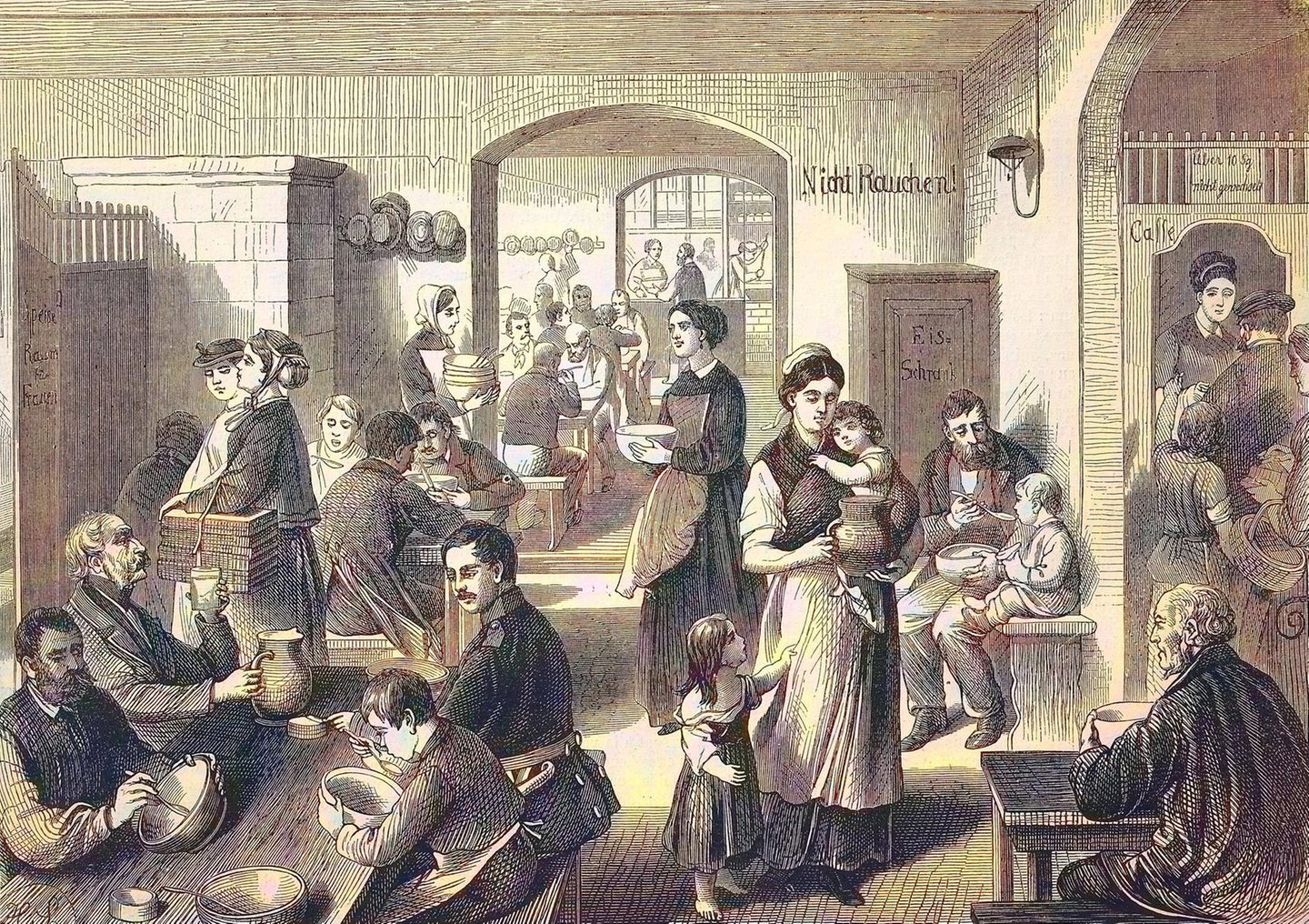 Männer, Frauen und Kinder sitzen in einer Volksküche für Arme und Bedürftige an Tischen (Illustration, 19. Jh.)