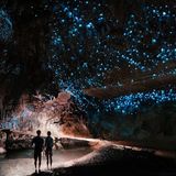Besucher in der leuchtenden Waitomo-Höhle in Neuseeland