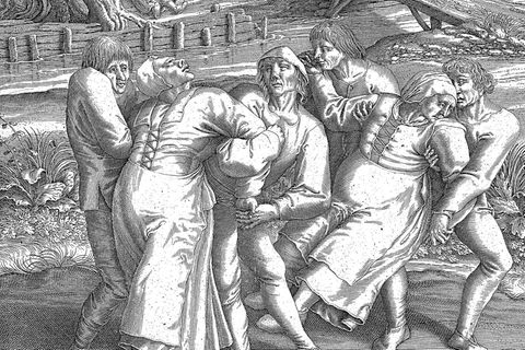 Die Tanzenden in Straßburg scheinen die Kontrolle über ihre Körper zu verlieren wie die beiden Frauen in diesem Kupferstich von Hendrik Hondius (1573–1649). Hondius fertigt sie nach einer Zeichnung Pieter Bruegels des Älteren an, der Augenzeuge der "Straßburger Tanzwut" gewesen sein soll