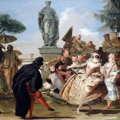 Ölgemälde tanzender Männer und Frauen, teils mit schwarzen Masken vor den Augen