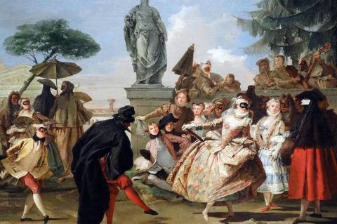 Ölgemälde tanzender Männer und Frauen, teils mit schwarzen Masken vor den Augen