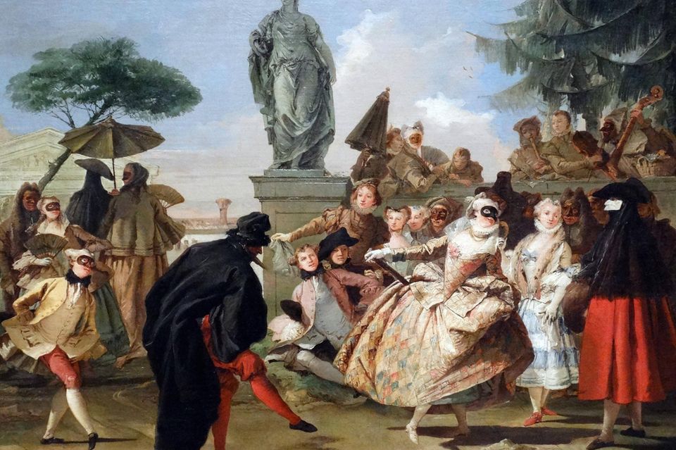 Ölgemälde tanzender Männer und Frauen, teils mit schwarzen Masken vor den Augen 1.3847