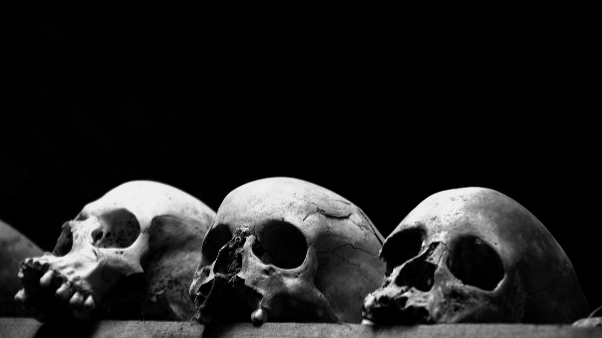 Drei Schädel am unteren Bildrand sind hell ausgeleuchtet. Der Rest des Bildes ist schwarz.