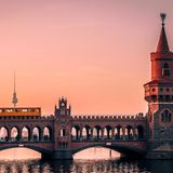 Oberbaum Bridge in Berlin at Sunset with View on the Television Tower