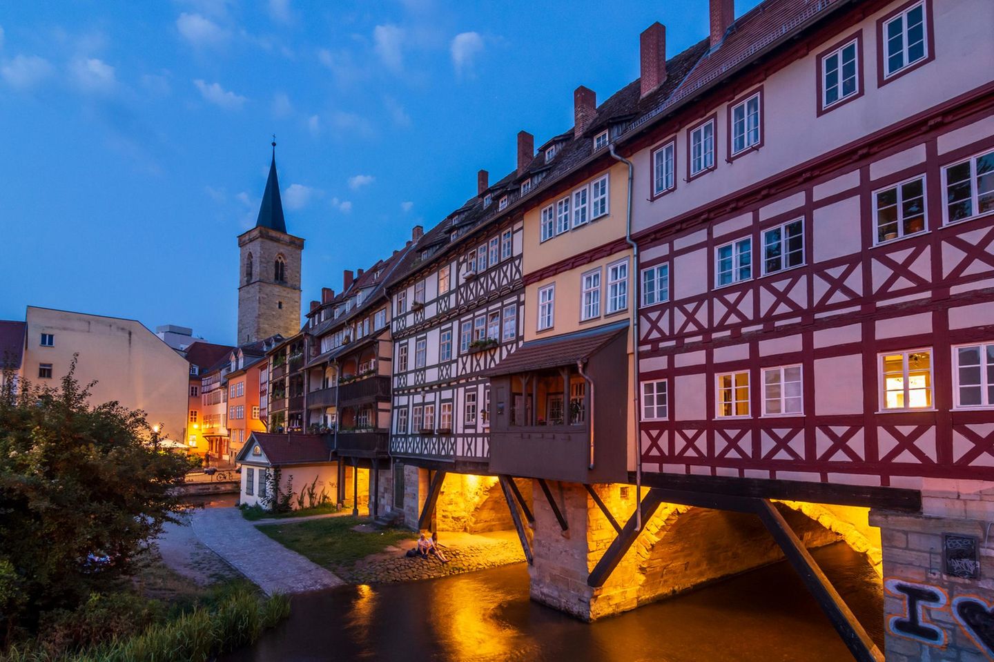 Erfurt, bridge Krämerbrücke, church Ägidienkirche in Thuringia, Germany