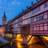 Erfurt, bridge Krämerbrücke, church Ägidienkirche in Thuringia, Germany