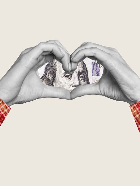 Collage mit Händen die ein Herz formen und einen Geldschein umschliessen