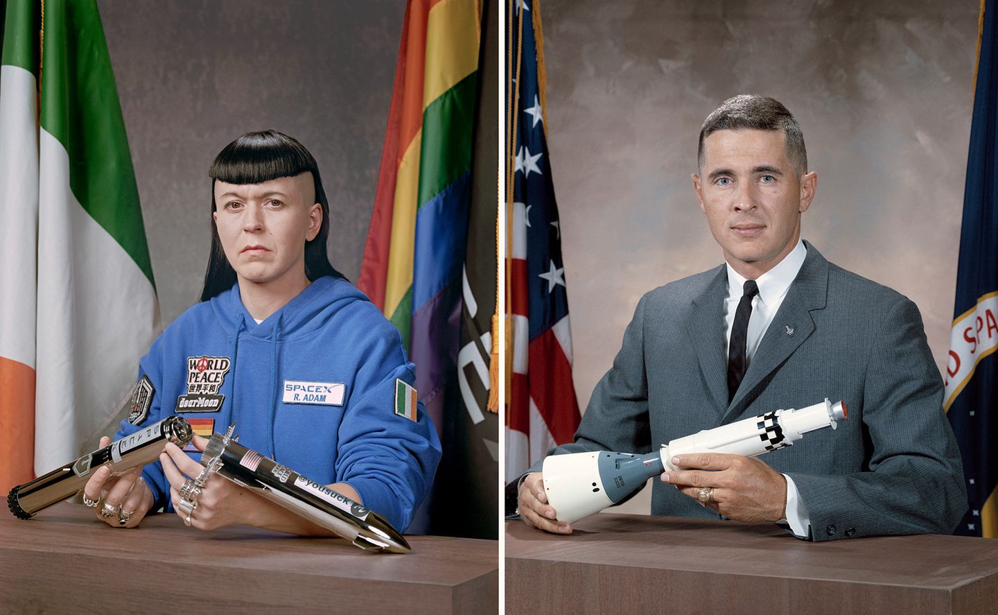 Rhiannon Adam inszeniert sich selbst zwischen einer irischen Flagge und einer Regenbogenfahne (links), Astronaut William Anders posiert für sein offizielles NASA-Porträt (rechts). Er flog als Bordingenieur und Fotograf auf der Apollo-8-Mission mit, dem ersten bemannten Flug zum Mond. Dort nahm er "Earthrise" auf, eines der berühmtesten Fotos der Geschichte. Adam dagegen musste auf der Erde bleiben, ihr Traum vom Weltall zerbrochen wie das Modell in ihrer Hand. Als einziges weibliches Besatzungsmitglied ausgewählt für die zivile Mondmission des japanischen Milliardärs Yusaku Maezawa, bereitete sie sich drei Jahre lang vor – bis Maezawa das Projekt 2024 abrupt absagte. "Rhi-entry" beschäftigt sich mit den Folgen für ihr Leben und ihre Arbeit.  Siegerin, professioneller Wettbewerb, "Kreativ"
