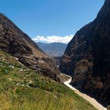 Tigersprungschlucht, Berge, Dörfer und tiefe Schlucht mit Fluss, Yunnan, China