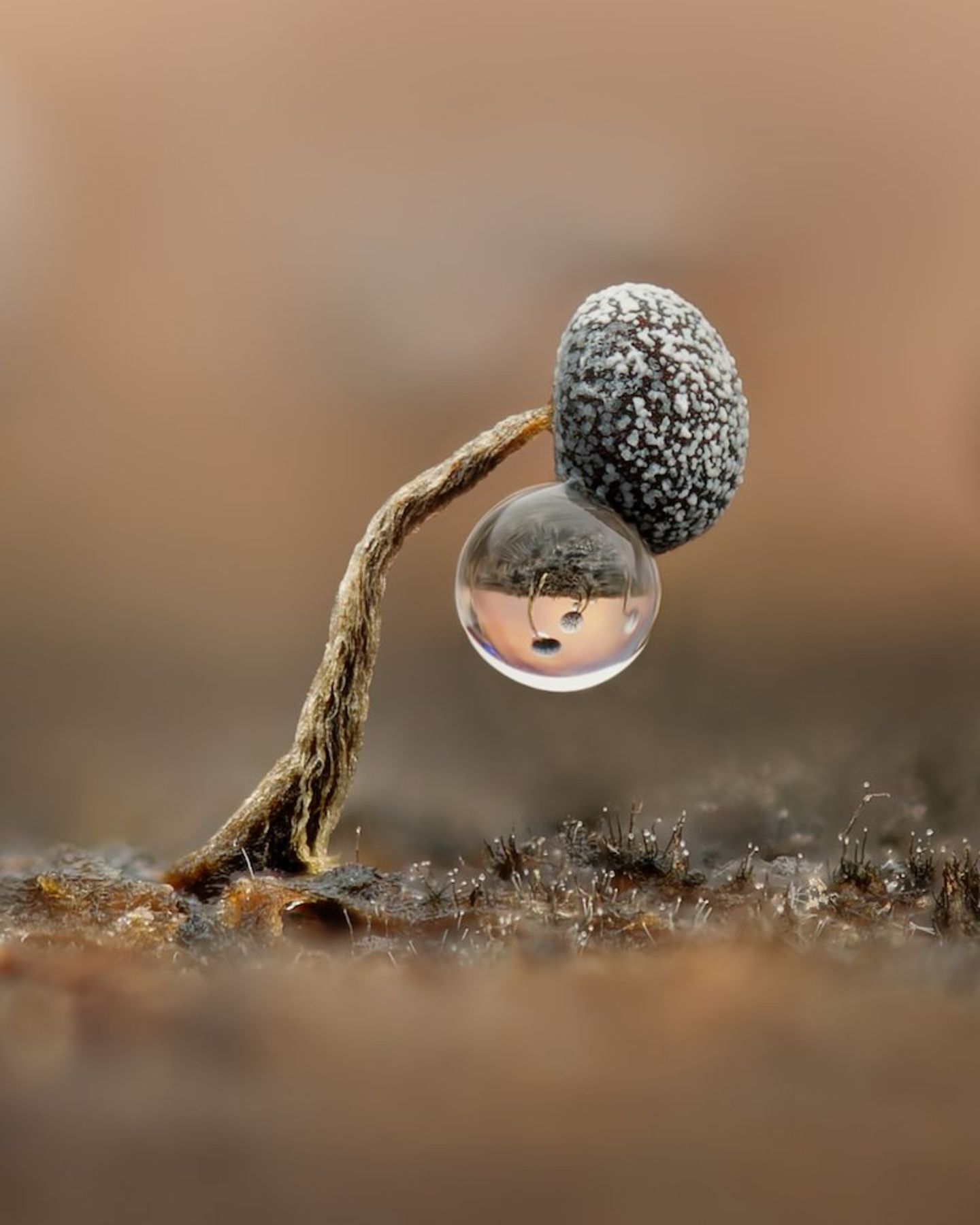 Auf einem Waldspaziergang in der Nähe Wiens entdeckte Kamilla Szava-Oberndorfer diese Fruchtkörper eines Schleimpilzes auf einem toten Ast. An einigen hingen Wassertropfen, nur einen Millimeter groß. Das Bild setzte die Fotografin aus 26 Einzelaufnahmen zusammen.