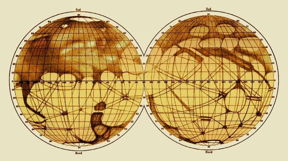 Exobiologie: Ende des 19. Jahrhunderts fertigte Giovani Schiaparelli diese Karte der Mars-Hemisphären an. Die Linien entsprechen den riesigen "Canali", die er auf der Oberfläche meinte gesehen zu haben Ende des 19. Jahrhunderts fertigte Giovani Schiaparelli diese Karte der Mars-Hemisphären an. Die Linien entsprechen den riesigen "Canali", die er auf der Oberfläche meinte gesehen zu haben