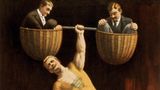 Plakat zeigt Eugen Sandow, der zwei Männer hochhebt