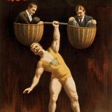 Plakat zeigt Eugen Sandow, der zwei Männer hochhebt