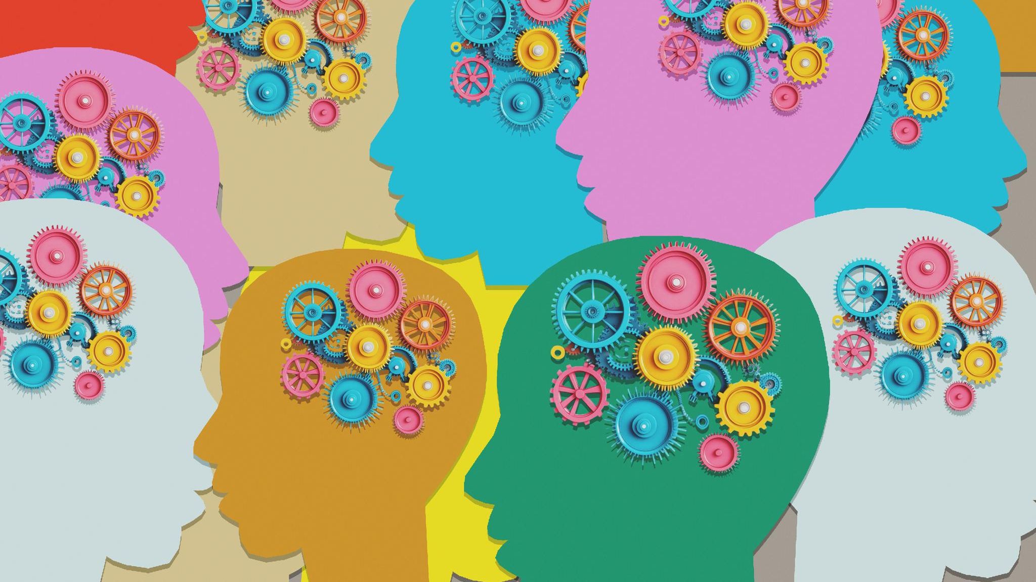 Illustration von bunten Köpfen und Gehirnen aus bunten Zahnrädern