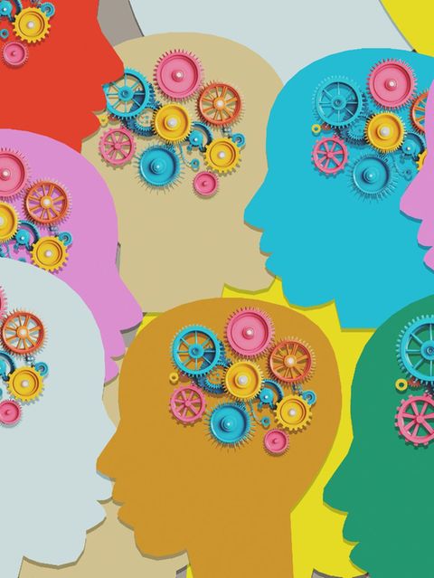 Illustration von bunten Köpfen und Gehirnen aus bunten Zahnrädern
