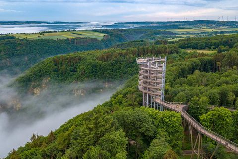 Baumwipfelpfad Saarschleife über der Saarschleife auf der Cloef bei Orscholz, Mettlach, Saartal, Saarland, Deutschland