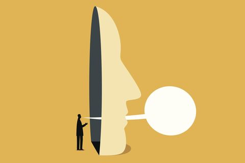 Illustration zum Impostor-Syndrom: Hinter einer großen Maske ist ein kleine Figur platziert