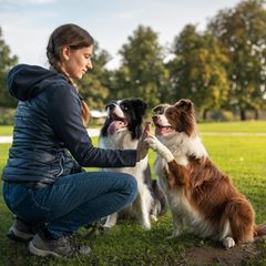 Eine Frau trainiert mit  zwei Hunden  im Park