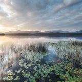 Sonnenaufgang am Staffelsee, im Hintergrund Berge