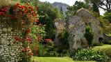 Climbing roses on ruins. The garden of Ninfa ( Giardino di Ninfa) typical English garden started by the owners Caetani in 1920 Cisterna di Latina