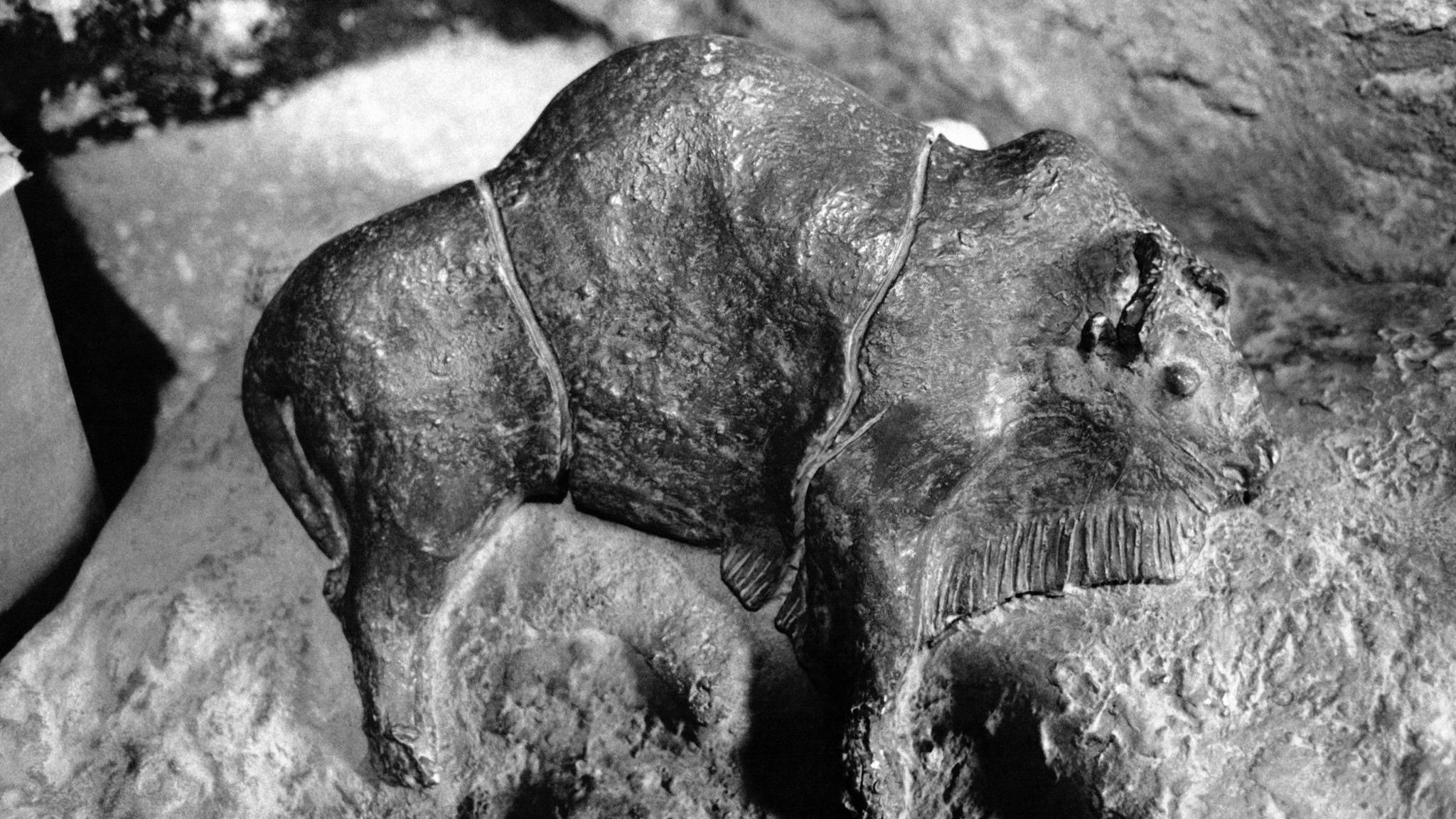 Figur eines aus Lehm geformten Steppenbisons, Steinzeitkunst, sw-Bild