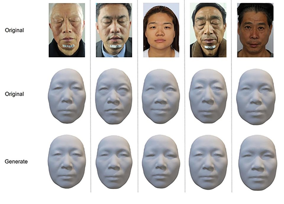 Originalgesichter von Probanden, deren reale 3D-Scans, mit Difface aus DNA erzeugte 3D-Gesichter