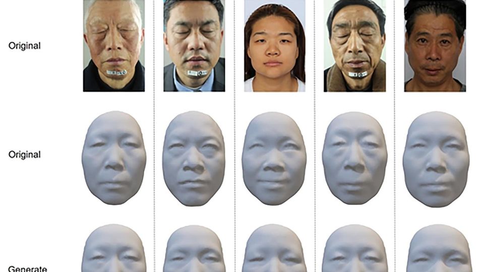 Originalgesichter von Probanden, deren reale 3D-Scans, mit Difface aus DNA erzeugte 3D-Gesichter