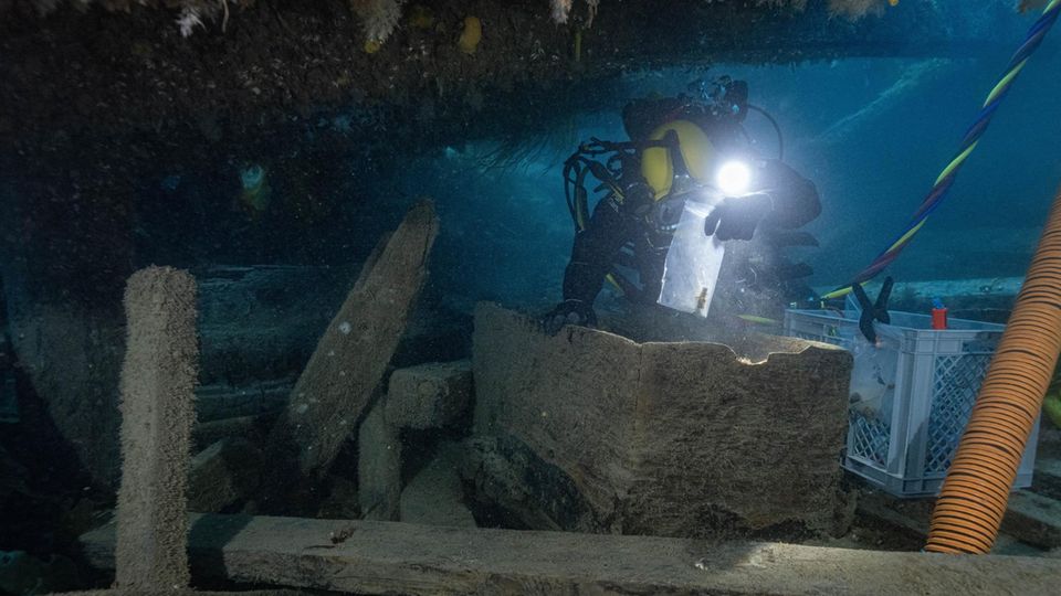 Ein Taucher leuchtet ins Wrack der "Erebus"