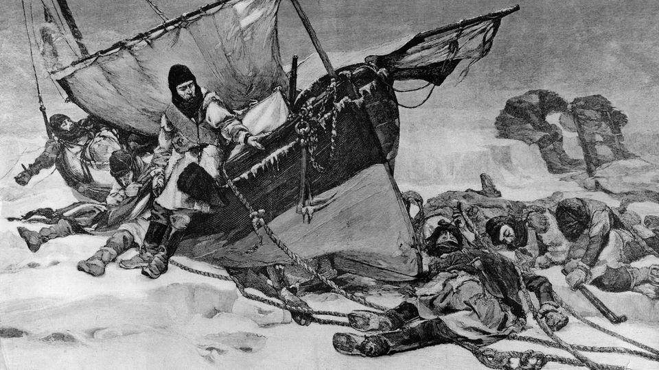Gemälde von Boot auf zugefrorener See, erschöpfte Männer