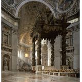 Sinnbildlich für die prunkvolle Architektur des Petersdoms sind nicht nur seine berühmte Kuppel und der Petersplatz davor. Opulent ist auch das Innere der Basilika: Hier zu sehen ist der fast 30 Meter hohe und 63 Tonnen schwere Bernini-Baldachin über dem Petrusgrab. Erschaffen wurde er im 17. Jahrhundert von dem berühmten Bildhauer Gian Lorenzo Bernini.