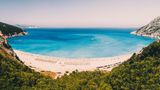 Myrtos beach panoramic view against azure water, Kefalonia