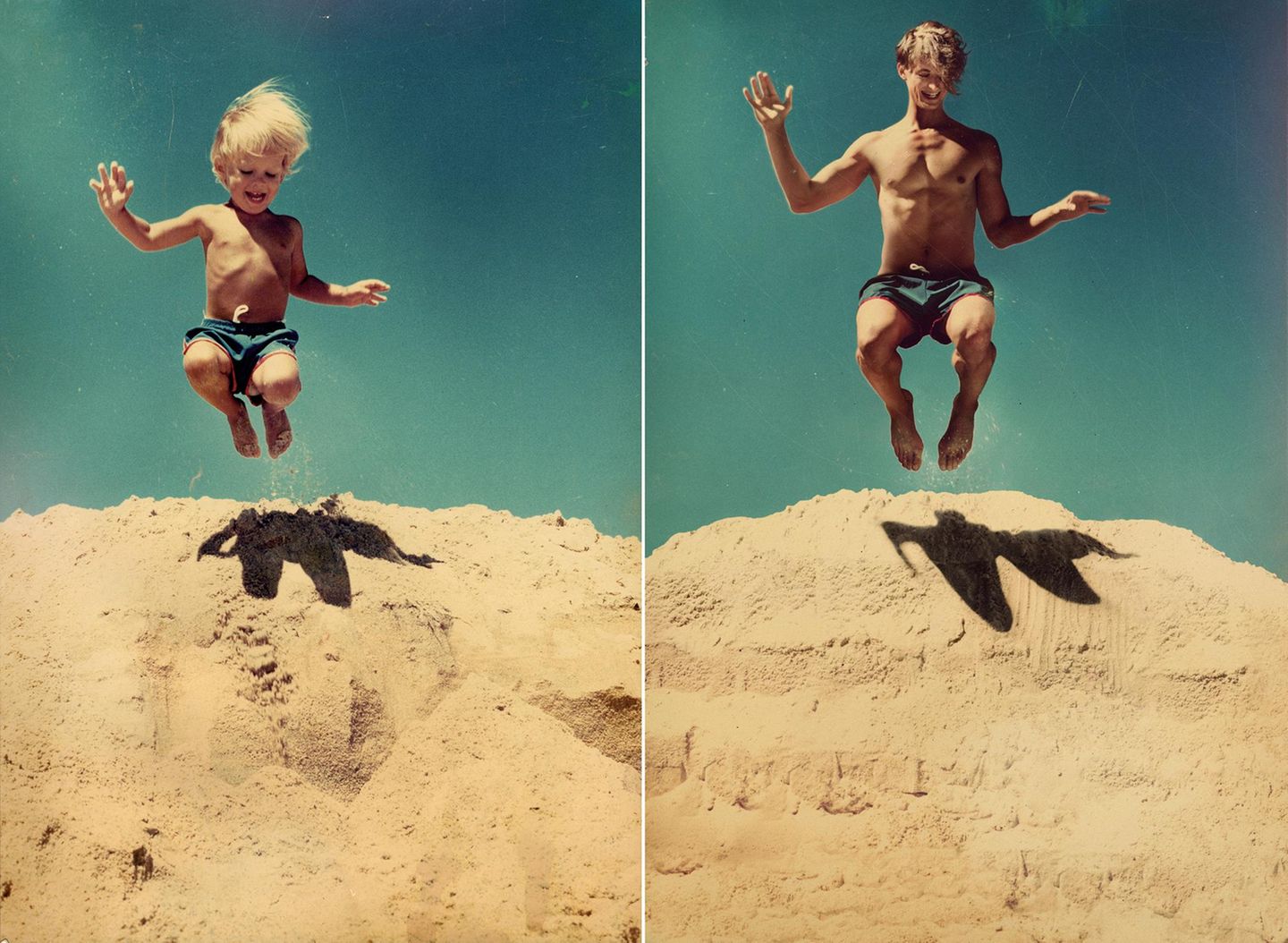Gareth 1990 und 2012, New York Ein Junge und ein junger Mann springen einen Sandhügel herunter