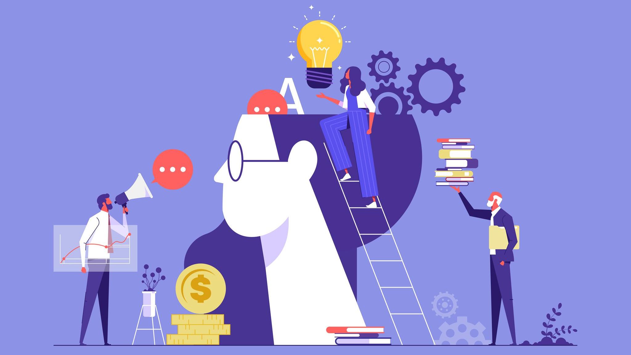 Illustration eines aufgeschnittenen Kopfes, aus dem viele Elemente purzeln