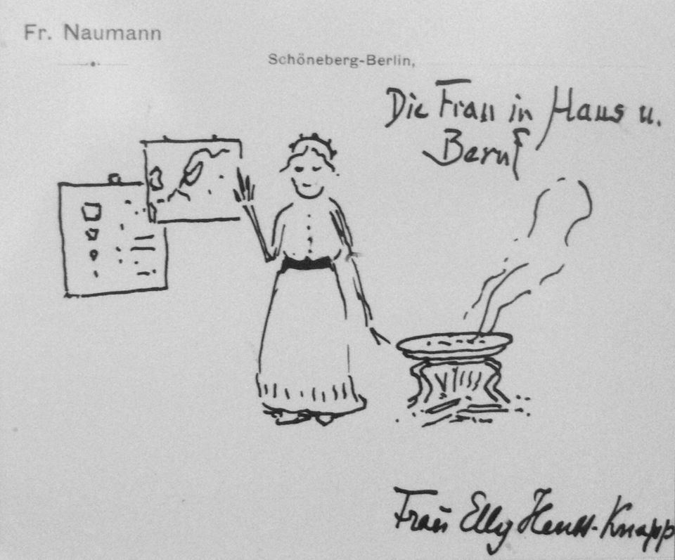 Müttergenesungswerk: Ihr Freund Friedrich Naumann fertigt eine Karikatur zu Elly Heuss-Knapps Lebensführung an: Sie vereint Hausarbeit und Berufstätigkeit Ihr Freund Friedrich Naumann fertigt eine Karikatur zu Elly Heuss-Knapps Lebensführung an: Sie vereint Hausarbeit und Berufstätigkeit