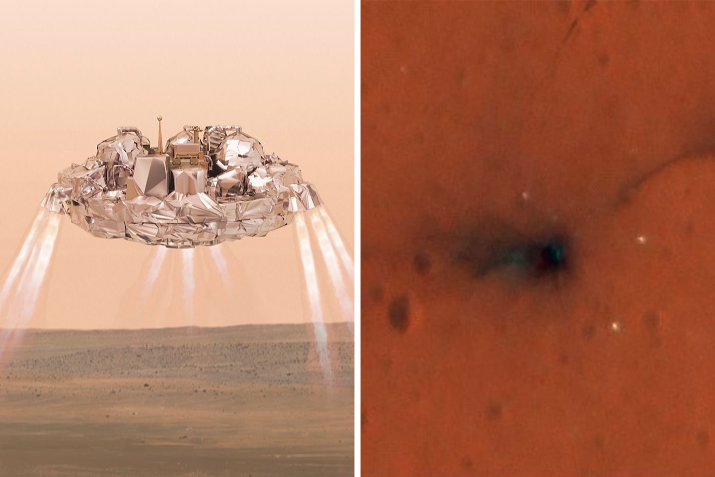 Der Absturz Der Mars erwies sich für die ESA wiederholt als schwieriges Gelände. 2003 setzte zwar der Lander Beagle 2 auf dem roten Planeten auf, sendete aber von dort keine Signale. Noch krachender scheiterte 2016 der Lander Schiaparelli. Zwar drang er wie geplant in die Marsatmosphäre vor und öffnete seinen Fallschirm. Doch dann berechnete die Software eine falsche Höhe: Schiaparelli wähnte sich unterhalb des Marsboden! Daraufhin warf der Lander in 3,7 Kilometer Höhe seinen Fallschirm ab und bremste auch nur kurz mit seinen Raketen. Mit 540 Kilometer pro Stunden schlug Schiaparelli in den roten Sand auf (rechts: Absturzstelle).