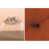 Der Mars erwies sich für die ESA wiederholt als schwieriges Gelände. 2003 setzte zwar der Lander Beagle 2 auf dem roten Planeten auf, sendete aber von dort keine Signale. Noch krachender scheiterte 2016 der Lander Schiaparelli. Zwar drang er wie geplant in die Marsatmosphäre vor und öffnete seinen Fallschirm. Doch dann berechnete die Software eine falsche Höhe: Schiaparelli wähnte sich unterhalb des Marsboden! Daraufhin warf der Lander in 3,7 Kilometer Höhe seinen Fallschirm ab und bremste auch nur kurz mit seinen Raketen. Mit 540 Kilometer pro Stunden schlug Schiaparelli in den roten Sand auf (rechts: Absturzstelle).