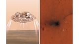 Der Mars erwies sich für die ESA wiederholt als schwieriges Gelände. 2003 setzte zwar der Lander Beagle 2 auf dem roten Planeten auf, sendete aber von dort keine Signale. Noch krachender scheiterte 2016 der Lander Schiaparelli. Zwar drang er wie geplant in die Marsatmosphäre vor und öffnete seinen Fallschirm. Doch dann berechnete die Software eine falsche Höhe: Schiaparelli wähnte sich unterhalb des Marsboden! Daraufhin warf der Lander in 3,7 Kilometer Höhe seinen Fallschirm ab und bremste auch nur kurz mit seinen Raketen. Mit 540 Kilometer pro Stunden schlug Schiaparelli in den roten Sand auf (rechts: Absturzstelle).