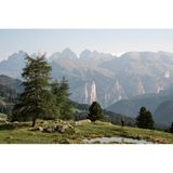 Das Sellajoch verbindet Gröden und das Fassatal. Durch Sahins Linse erscheint der Pass als grüne Oase vor schroffen Bergen.