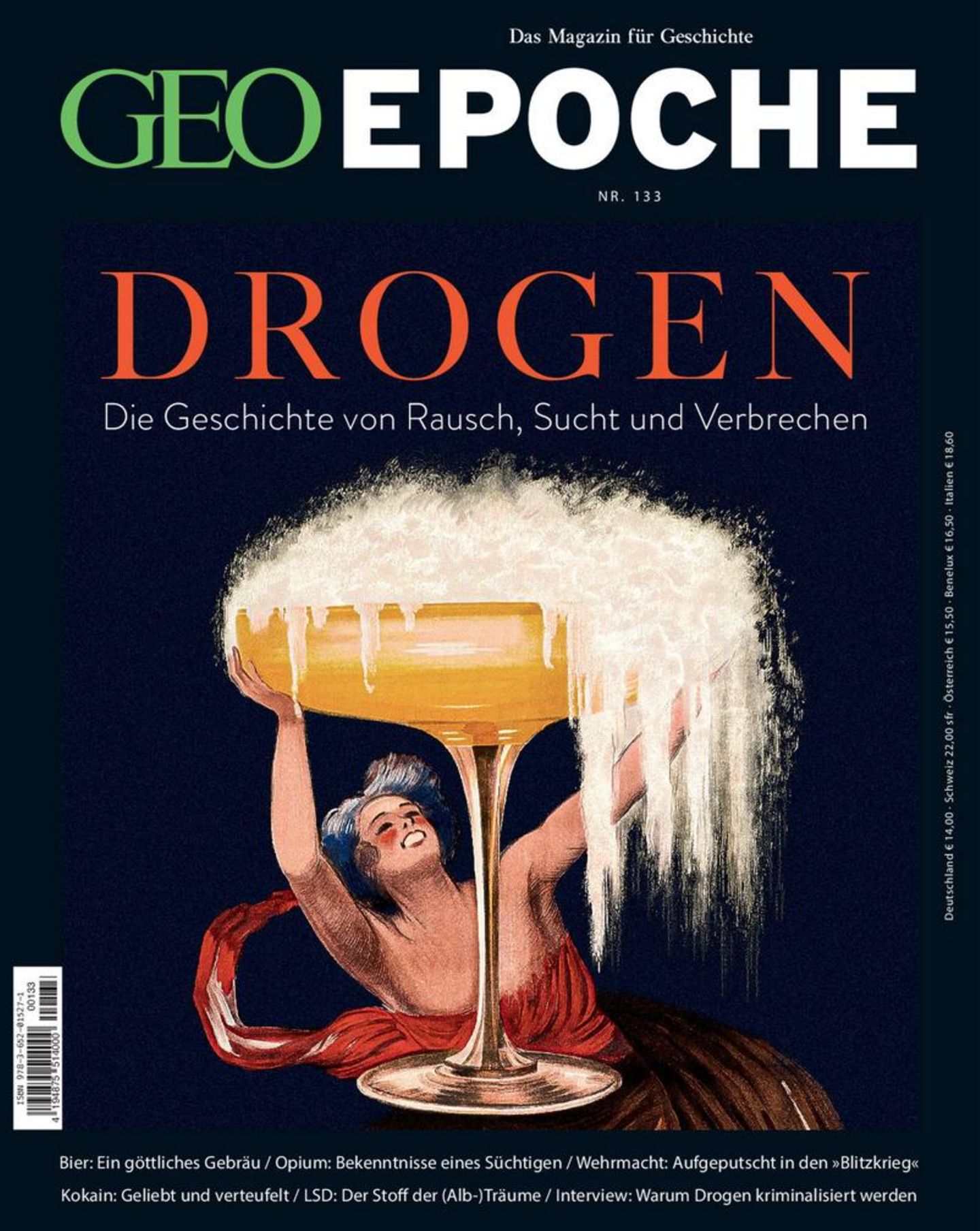 Das Verlangen des Menschen, der Realität zu entfliehen, ist wohl so alt wie der Homo sapiens selbst. Bestimmte Pilze, Pflanzenteile oder vergorene Früchte haben unsere frühen Vorfahren in Verzückung versetzt, haben Schmerzen und Leid gelindert, dem Geist die Tür zu anderen Sphären geöffnet. GEO EPOCHE erzählt die Geschichte der Drogen – von ihrer zivilisationsbildenden Kraft über ihren Missbrauch in Krieg und Sport bis zu ihrer Kriminalisierung. Im GEO Shop und überall, wo es gute Zeitschriften gibt.