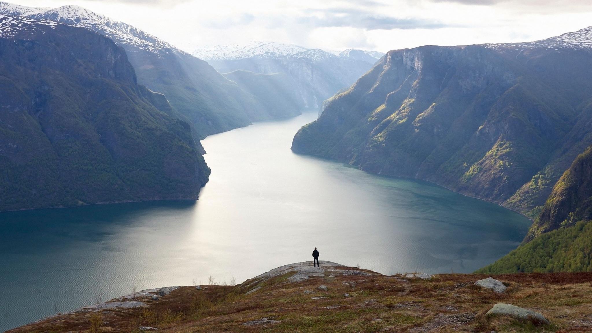 Eine Person steht in einer Landschaft am Fjord