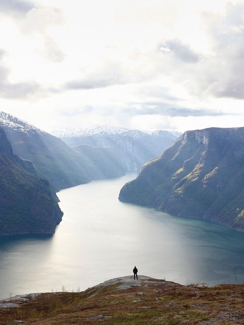 Eine Person steht in einer Landschaft am Fjord