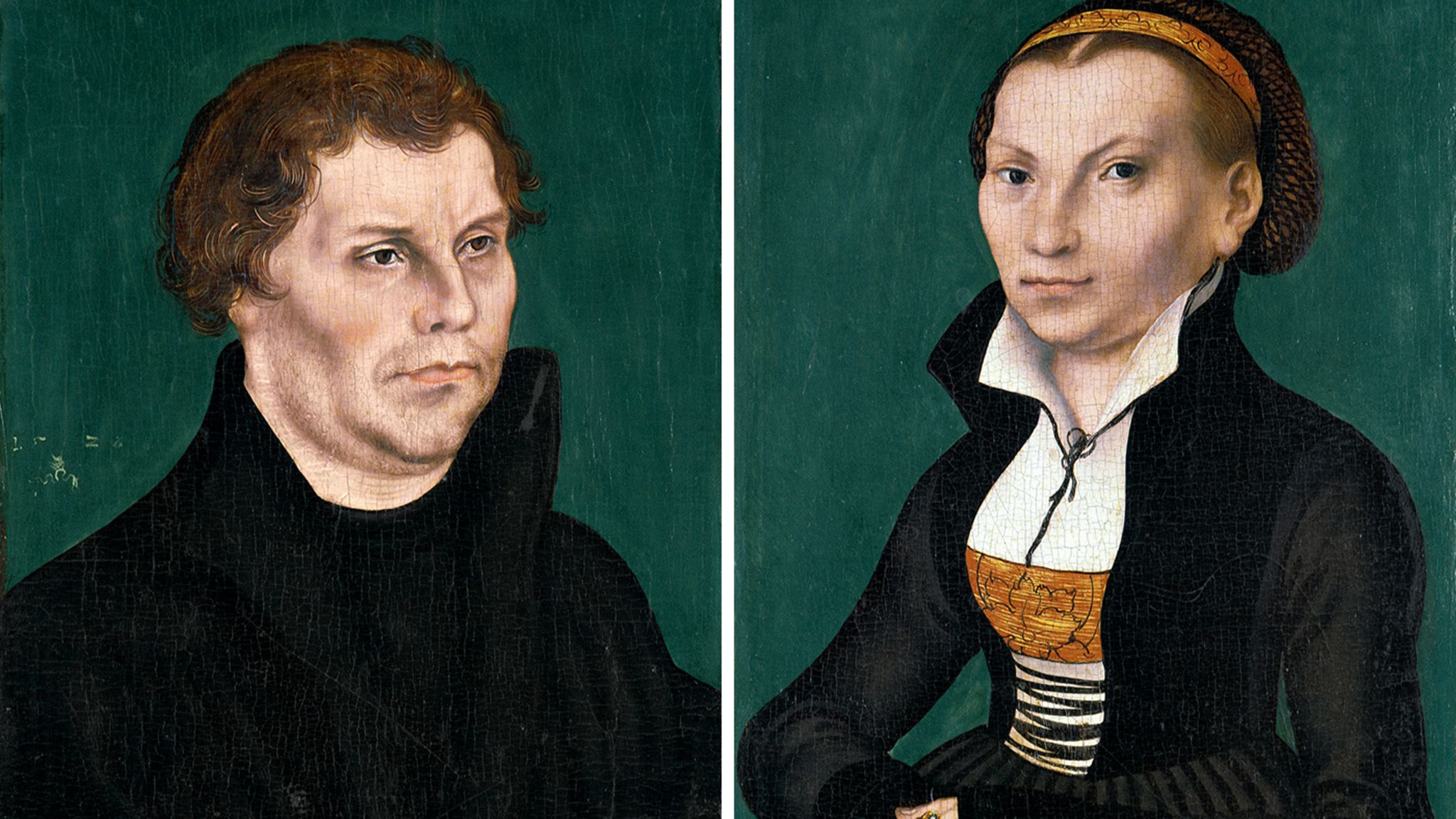 Einander zugewandt, wie damals für Doppelbildnisse von Verlobten oder Eheleuten üblich, erscheinen der Reformator und seine Gemahlin auf diesen Tafeln aus der Werkstatt von Lucas Cranach d. Ä. Das Porträt Katharinas dient vielen Künstlern als Vorlage und prägt die Vorstellung von ihr bis heute (Öl auf Holz, 1526)