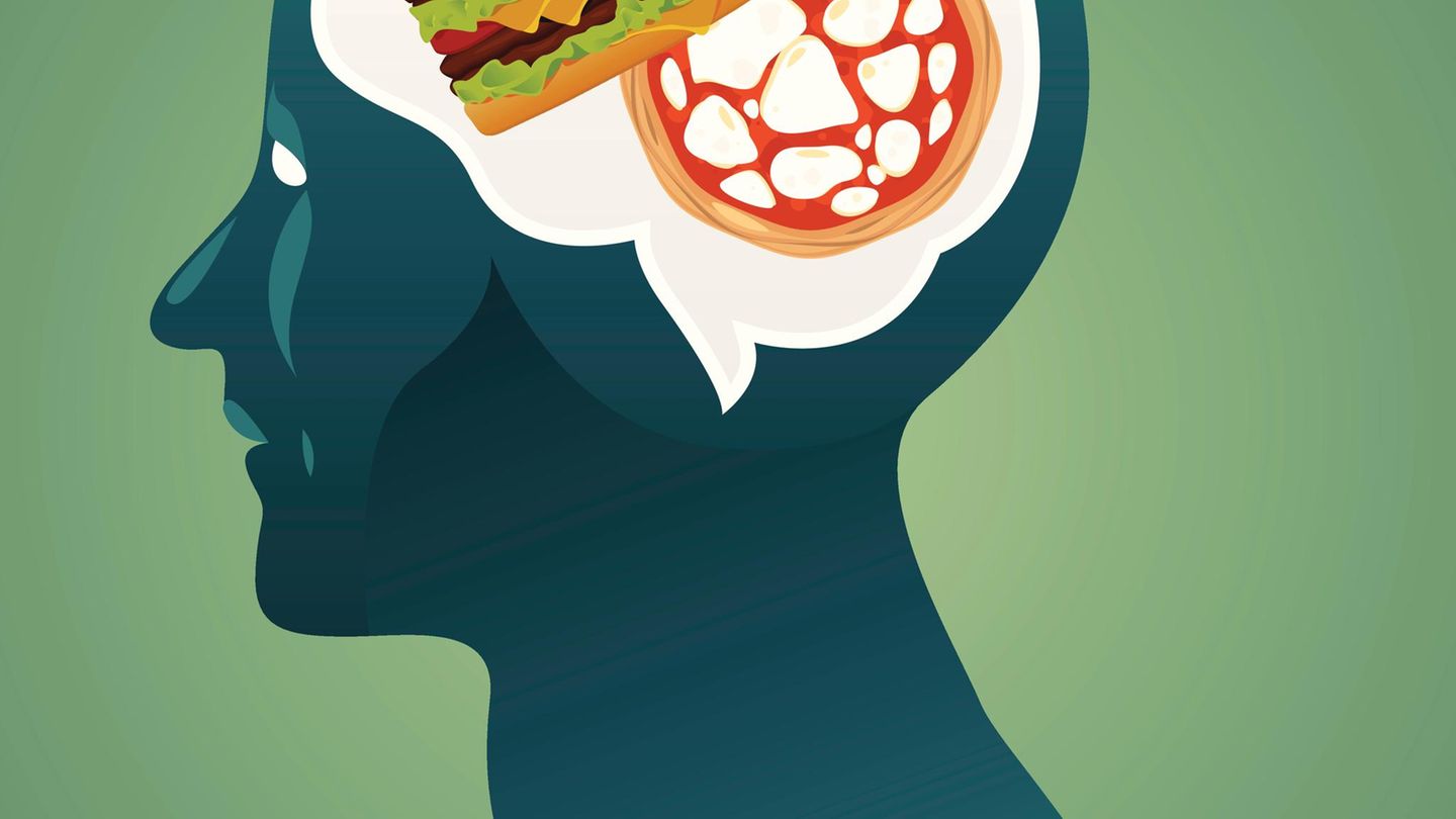 Illustration eines Kopfes mit Burger und Pizza im Gehirn