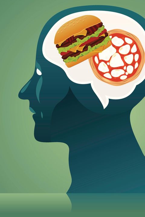 Illustration eines Kopfes mit Burger und Pizza im Gehirn